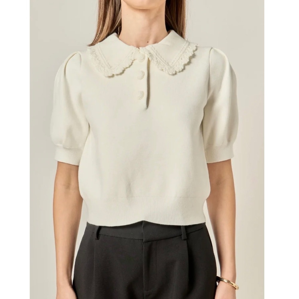English Factory Cream Short Puff Sleeve Crochet Lace Collar Knit Top Size L NEW